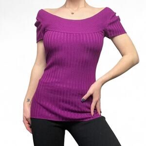 Y2K Wide Scoop Neck Off Shoulder Purple Pink Stretchy Ribbed Top Size Small